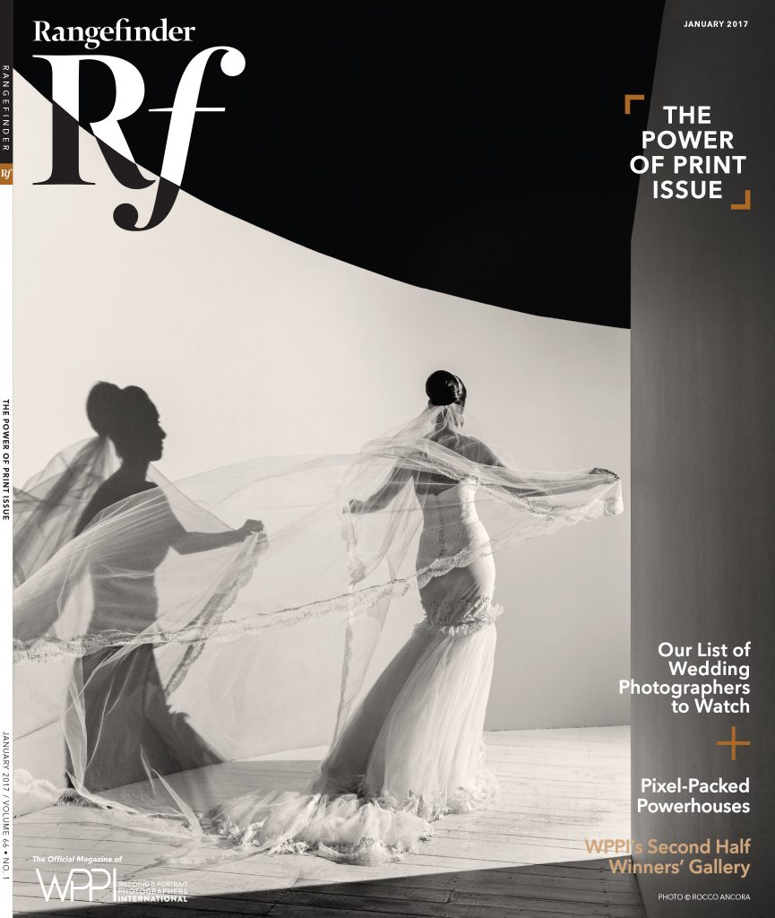 magazine cover with rangefiner logo and text. cover photo black and white image of a bride